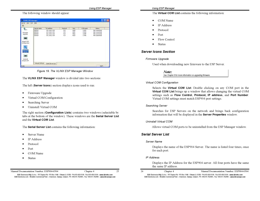 B&B Electronics ESP904E manual Server Icons Section, Serial Server List 