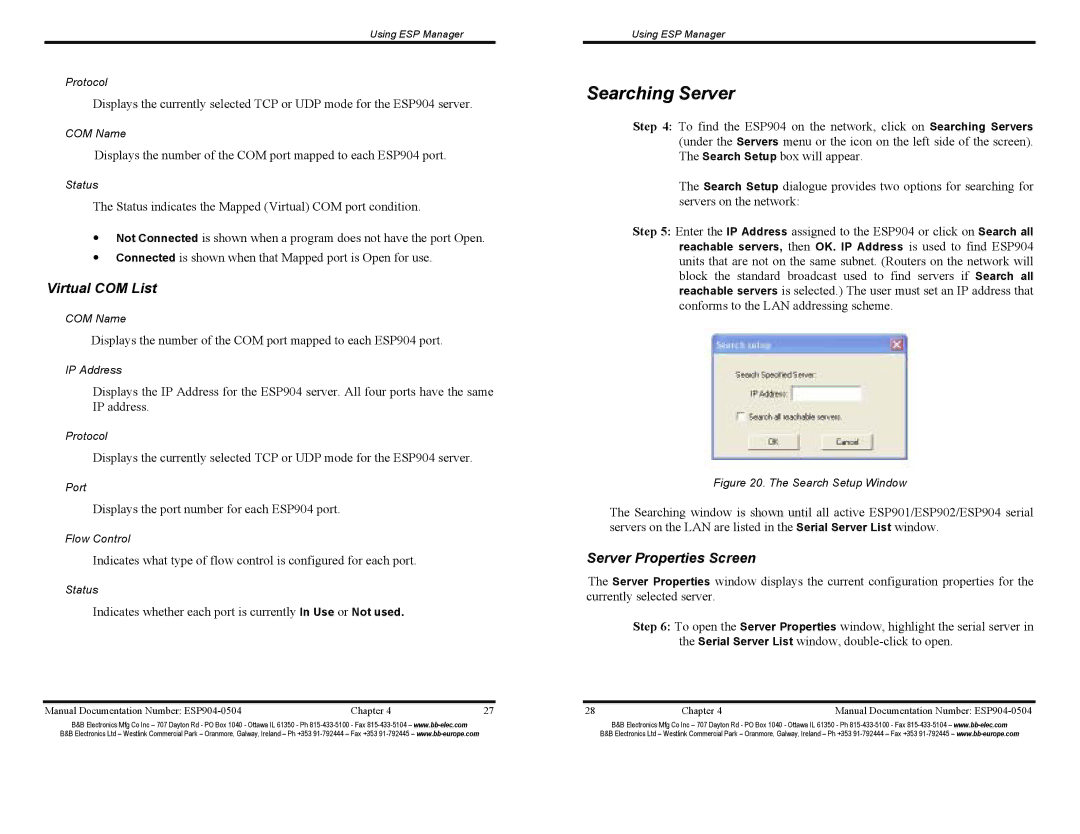 B&B Electronics ESP904E manual Searching Server, Virtual COM List, Server Properties Screen 