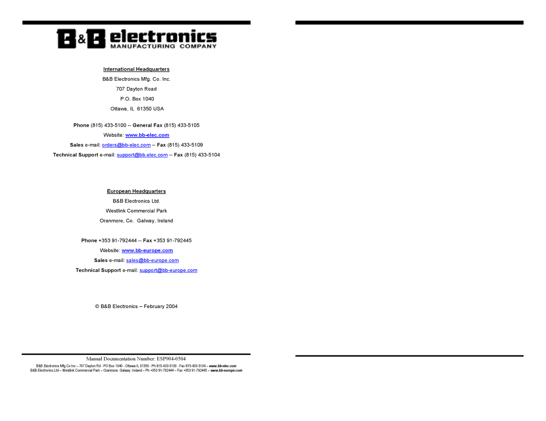 B&B Electronics ESP904E manual International Headquarters 