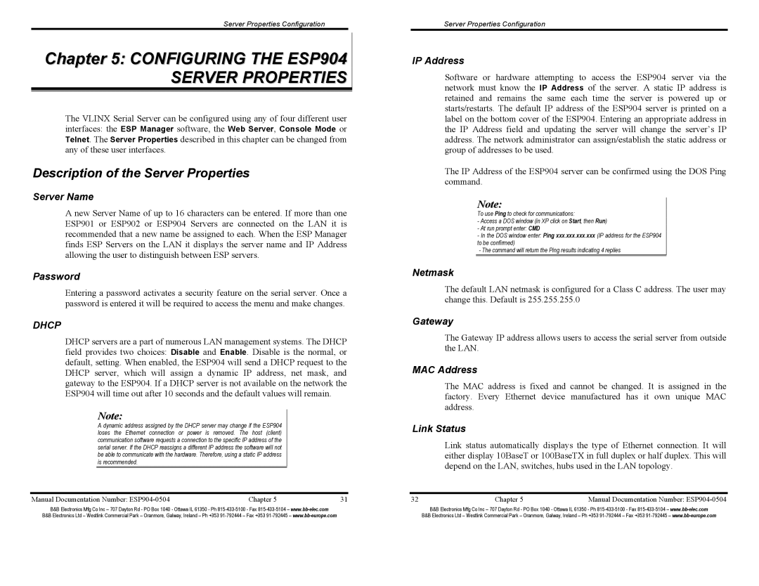 B&B Electronics ESP904E manual Configuring the ESP904, Description of the Server Properties 