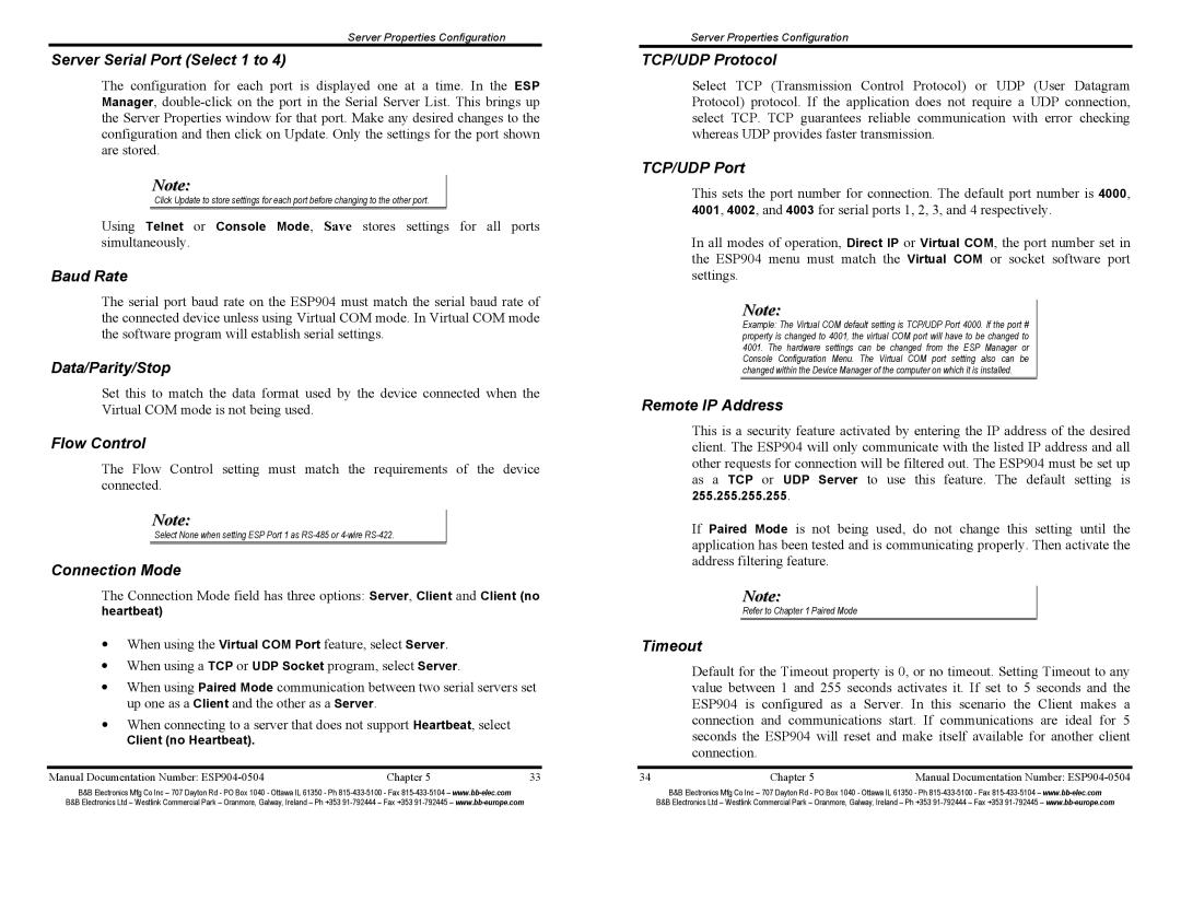 B&B Electronics ESP904 Server Serial Port Select 1 to, Baud Rate, Data/Parity/Stop, Flow Control, Connection Mode, Timeout 