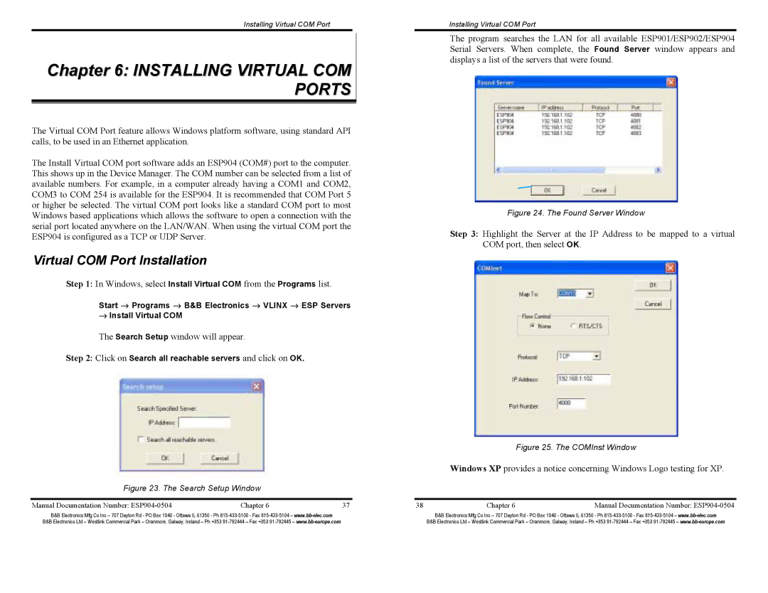 B&B Electronics ESP904E manual Installing Virtual COM Ports, Virtual COM Port Installation 