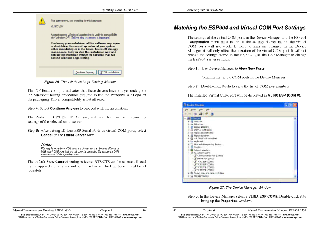 B&B Electronics ESP904E manual Matching the ESP904 and Virtual COM Port Settings, Windows Logo Testing Window 