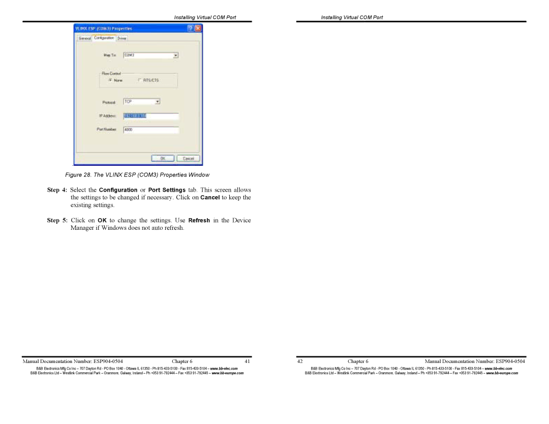 B&B Electronics ESP904E manual Vlinx ESP COM3 Properties Window 