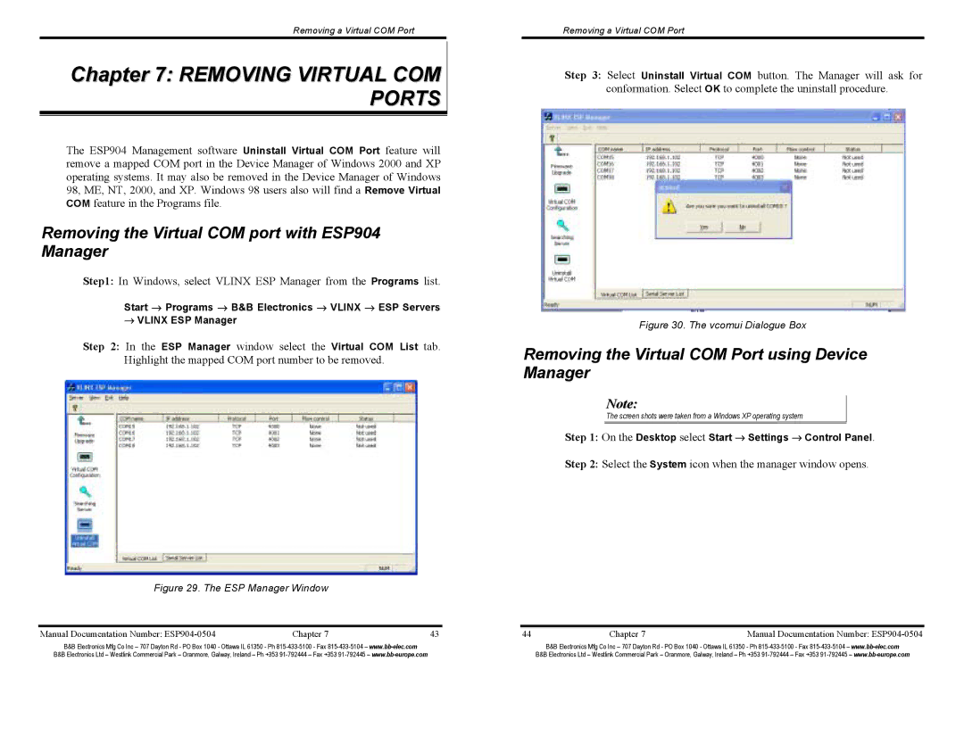 B&B Electronics ESP904E manual Removing Virtual COM Ports, Removing the Virtual COM port with ESP904 Manager 