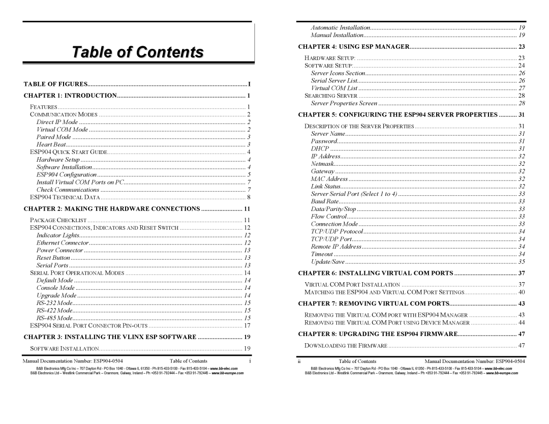 B&B Electronics ESP904E manual Table of Contents 