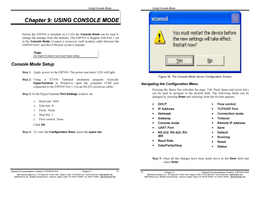 B&B Electronics ESP904E manual Using Console Mode, Console Mode Setup, Navigating the Configuration Menu 