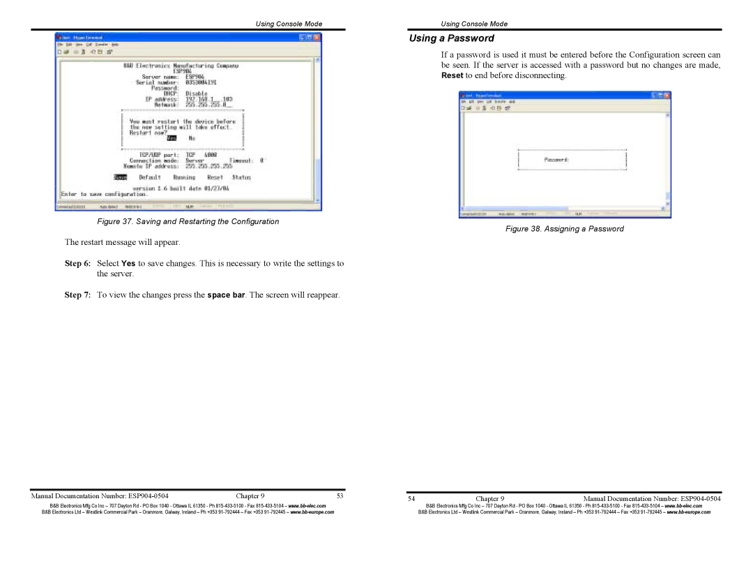 B&B Electronics ESP904E manual Using a Password, Saving and Restarting the Configuration 