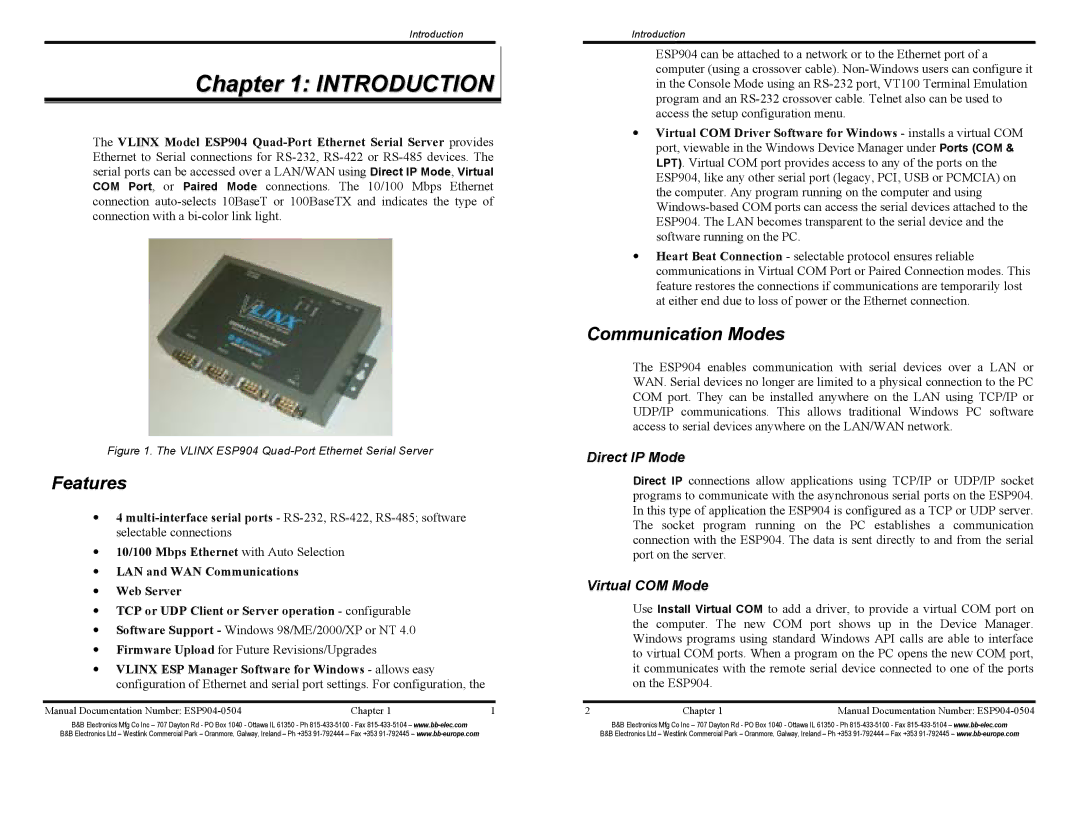 B&B Electronics ESP904E manual Introduction, Features, Communication Modes, Direct IP Mode, Virtual COM Mode 