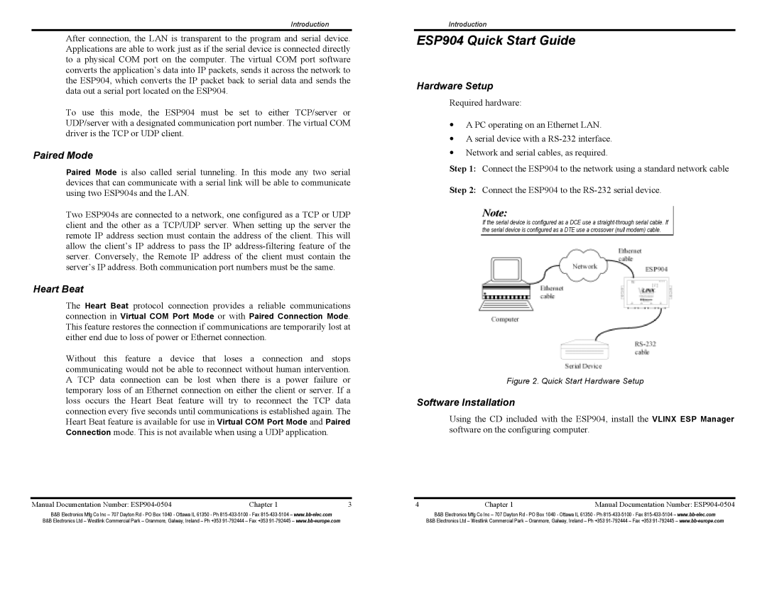 B&B Electronics ESP904E manual ESP904 Quick Start Guide, Paired Mode, Heart Beat, Hardware Setup, Software Installation 