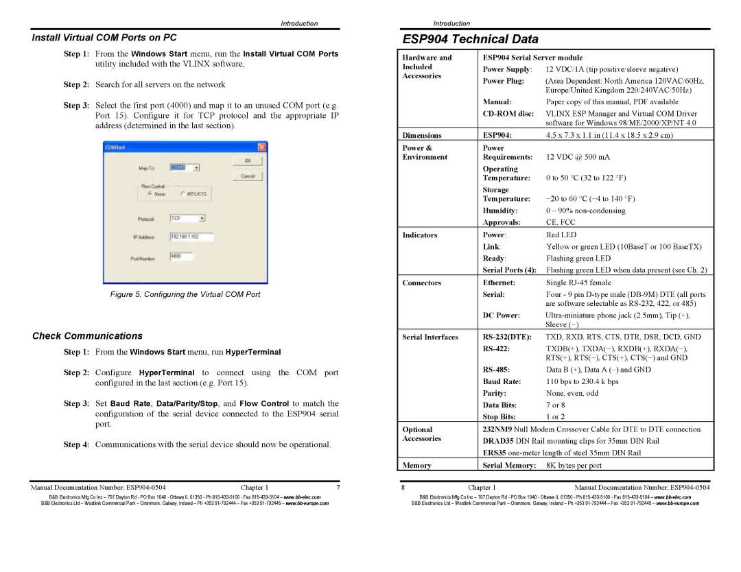 B&B Electronics ESP904E manual ESP904 Technical Data, Install Virtual COM Ports on PC, Check Communications 