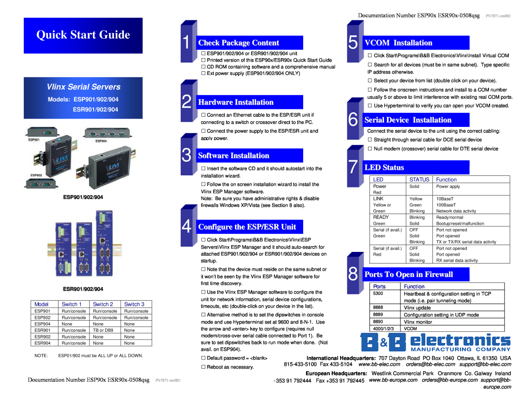 B&B Electronics ESP901/902/904 quick start Quick Start Guide, Vlinx Serial Servers, Check Package Content, LED Status 