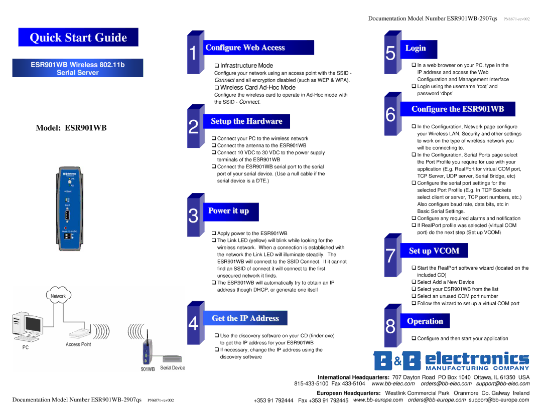 B&B Electronics ESR901WB quick start Configure Web Access, Setup the Hardware, Power it up, Get the IP Address, Logiinn 