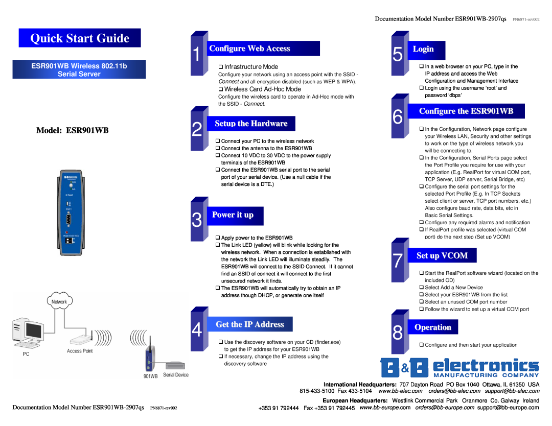 B&B Electronics quick start Quick Start Guide, Model ESR901WB, Configure Web Access, Setup the Hardware, Power it up 