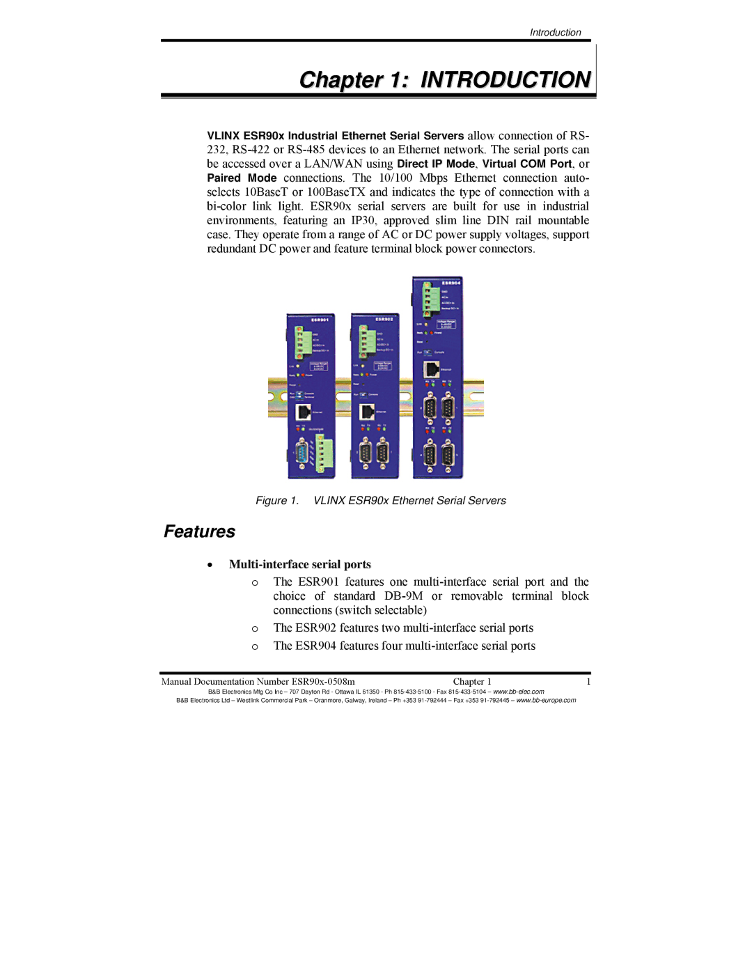 B&B Electronics ESR902, ESR904, ESR901 manual Introduction, Features 