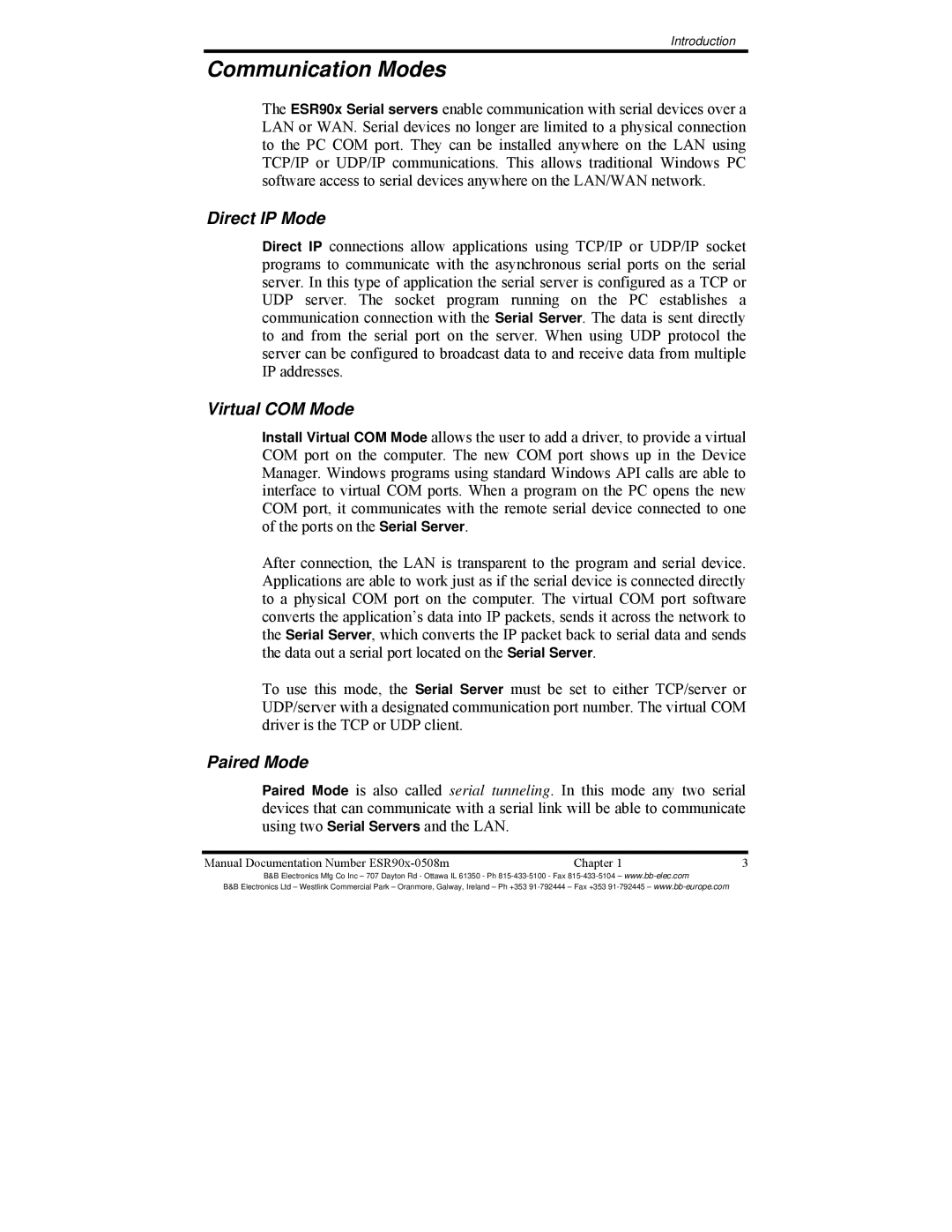 B&B Electronics ESR901, ESR904, ESR902 manual Communication Modes, Direct IP Mode, Virtual COM Mode, Paired Mode 