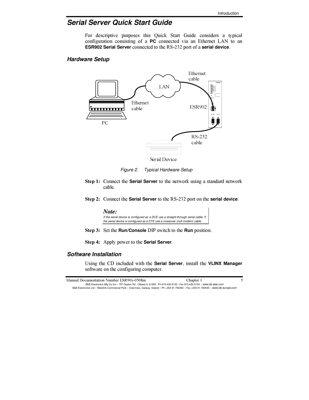 B&B Electronics ESR904, ESR901, ESR902 manual Serial Server Quick Start Guide, Hardware Setup, Software Installation 