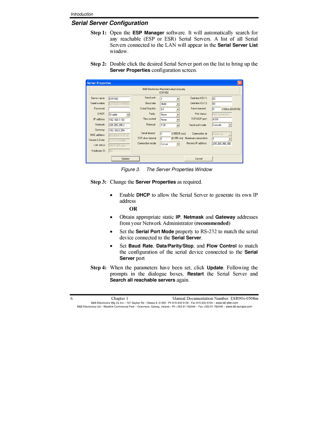 B&B Electronics ESR901, ESR904, ESR902 manual Serial Server Configuration, Server Properties Window 