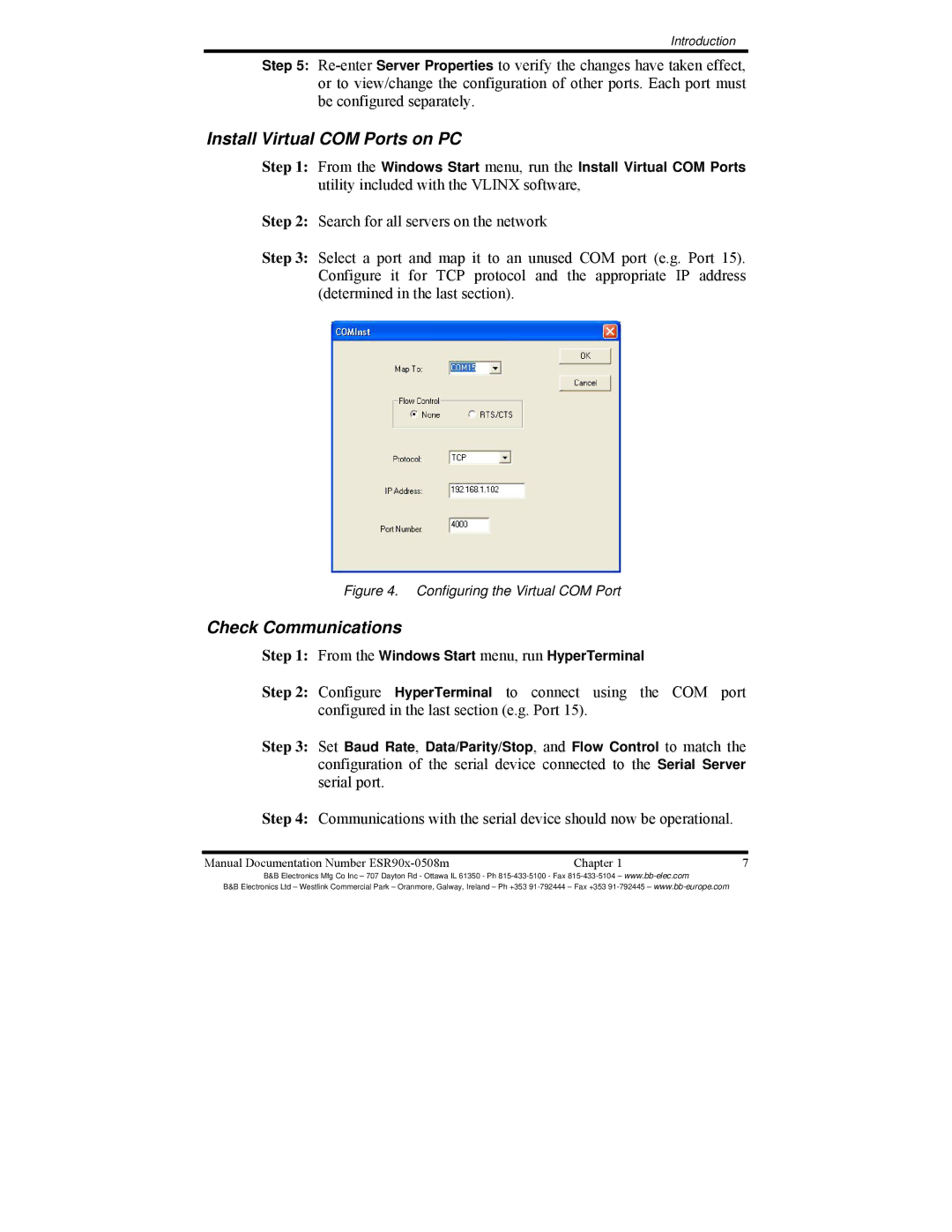 B&B Electronics ESR902, ESR904, ESR901 manual Install Virtual COM Ports on PC, Check Communications 