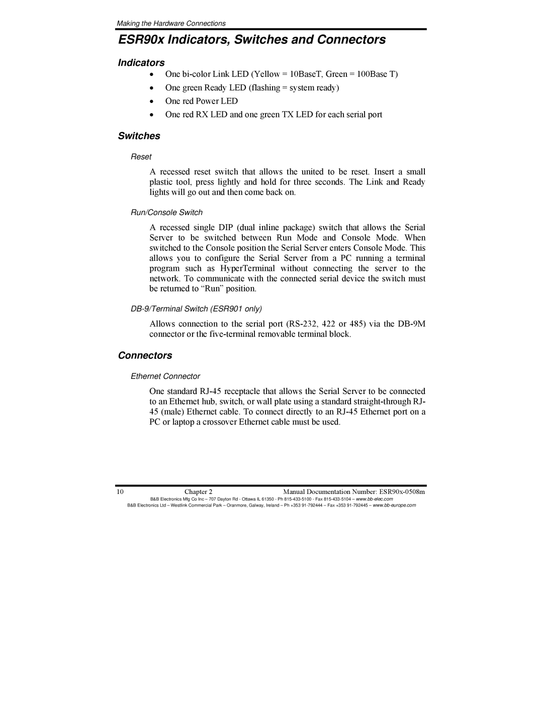 B&B Electronics ESR902, ESR904, ESR901 manual ESR90x Indicators, Switches and Connectors 
