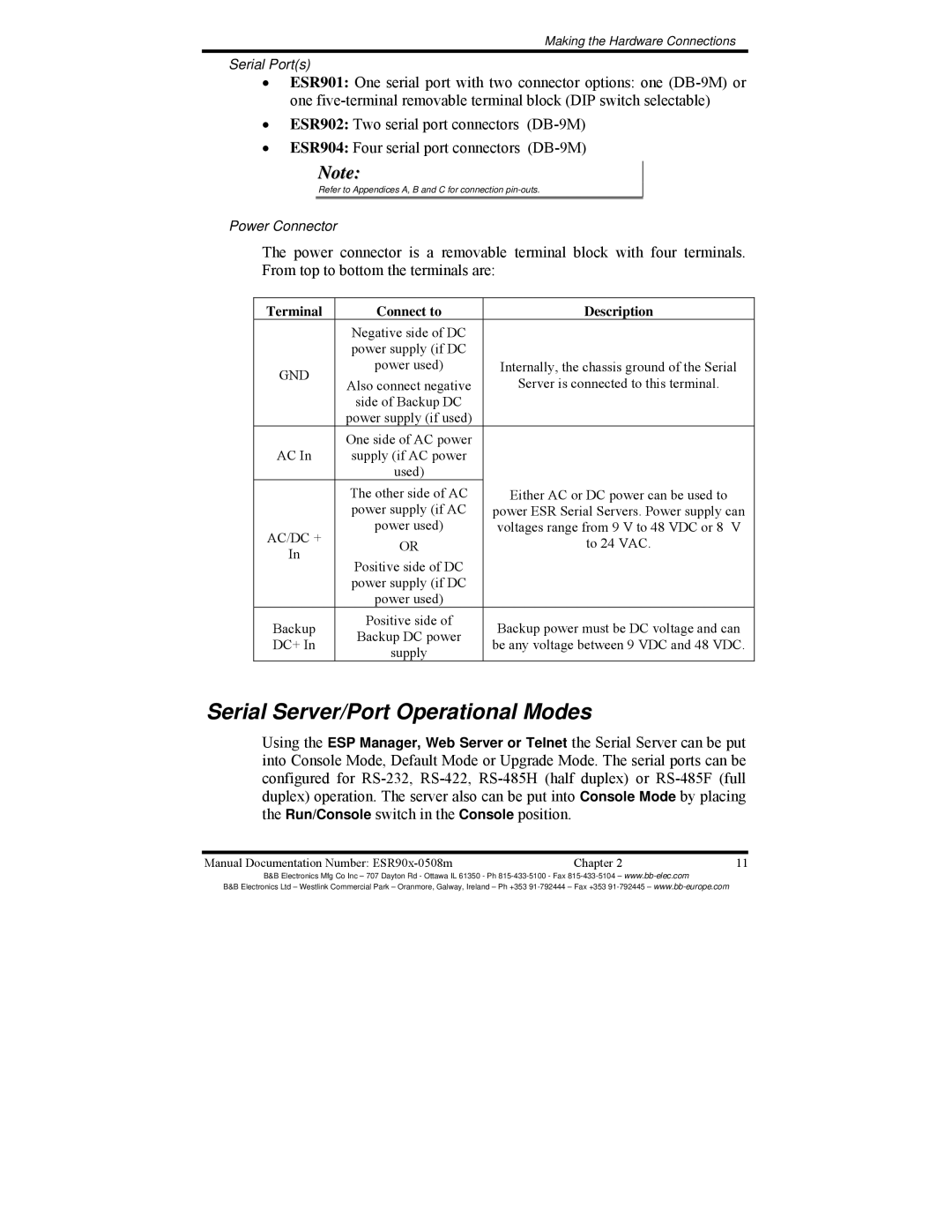 B&B Electronics ESR904, ESR901, ESR902 manual Serial Server/Port Operational Modes, Terminal Connect to Description 