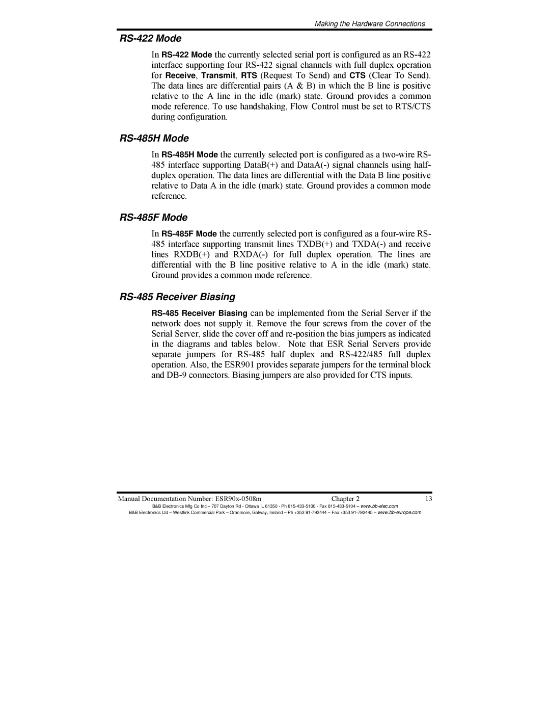 B&B Electronics ESR902, ESR904, ESR901 manual RS-422 Mode, RS-485H Mode, RS-485F Mode, RS-485 Receiver Biasing 