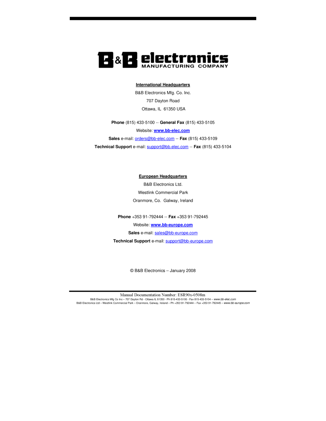 B&B Electronics ESR904, ESR901, ESR902 manual International Headquarters 