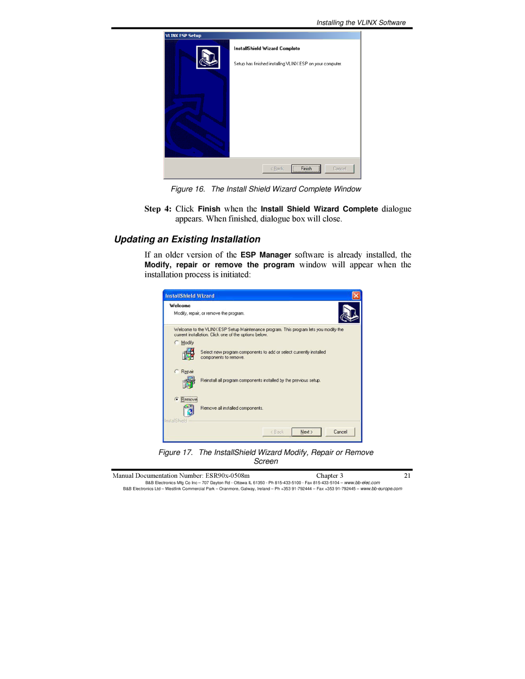 B&B Electronics ESR901, ESR904, ESR902 manual Updating an Existing Installation, Install Shield Wizard Complete Window 