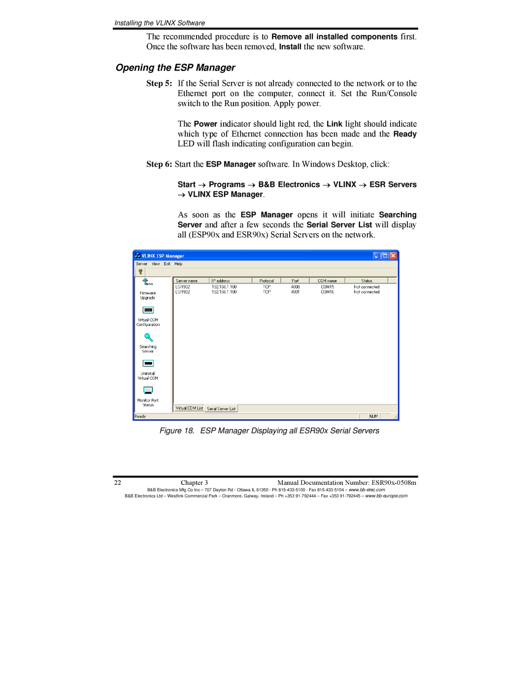 B&B Electronics ESR902, ESR904, ESR901 manual Opening the ESP Manager, ESP Manager Displaying all ESR90x Serial Servers 