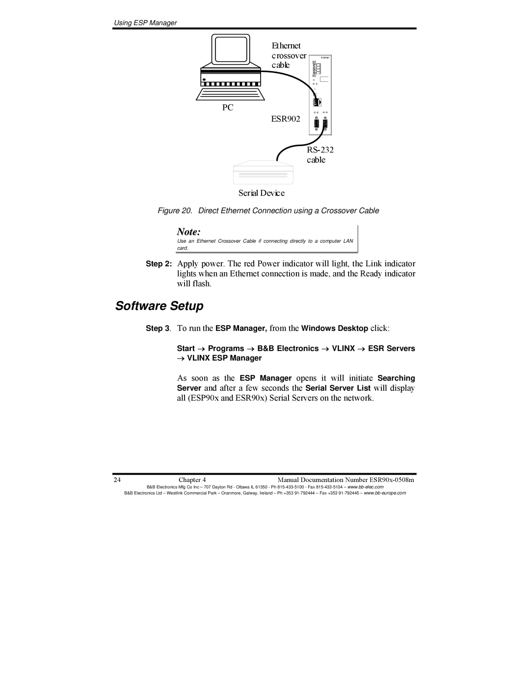 B&B Electronics ESR901, ESR904, ESR902 manual Software Setup, Direct Ethernet Connection using a Crossover Cable 