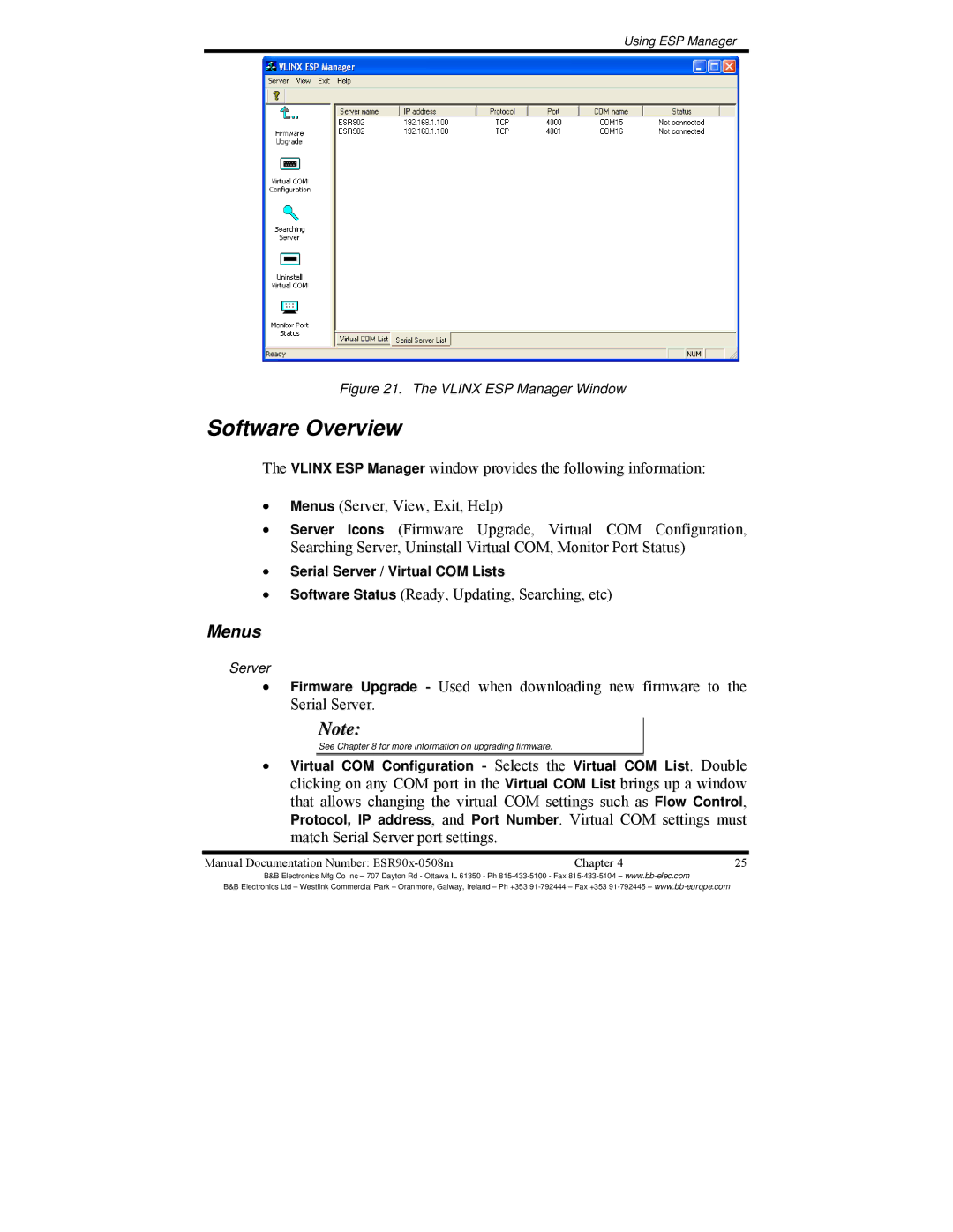 B&B Electronics ESR902, ESR904, ESR901 manual Software Overview, Menus 