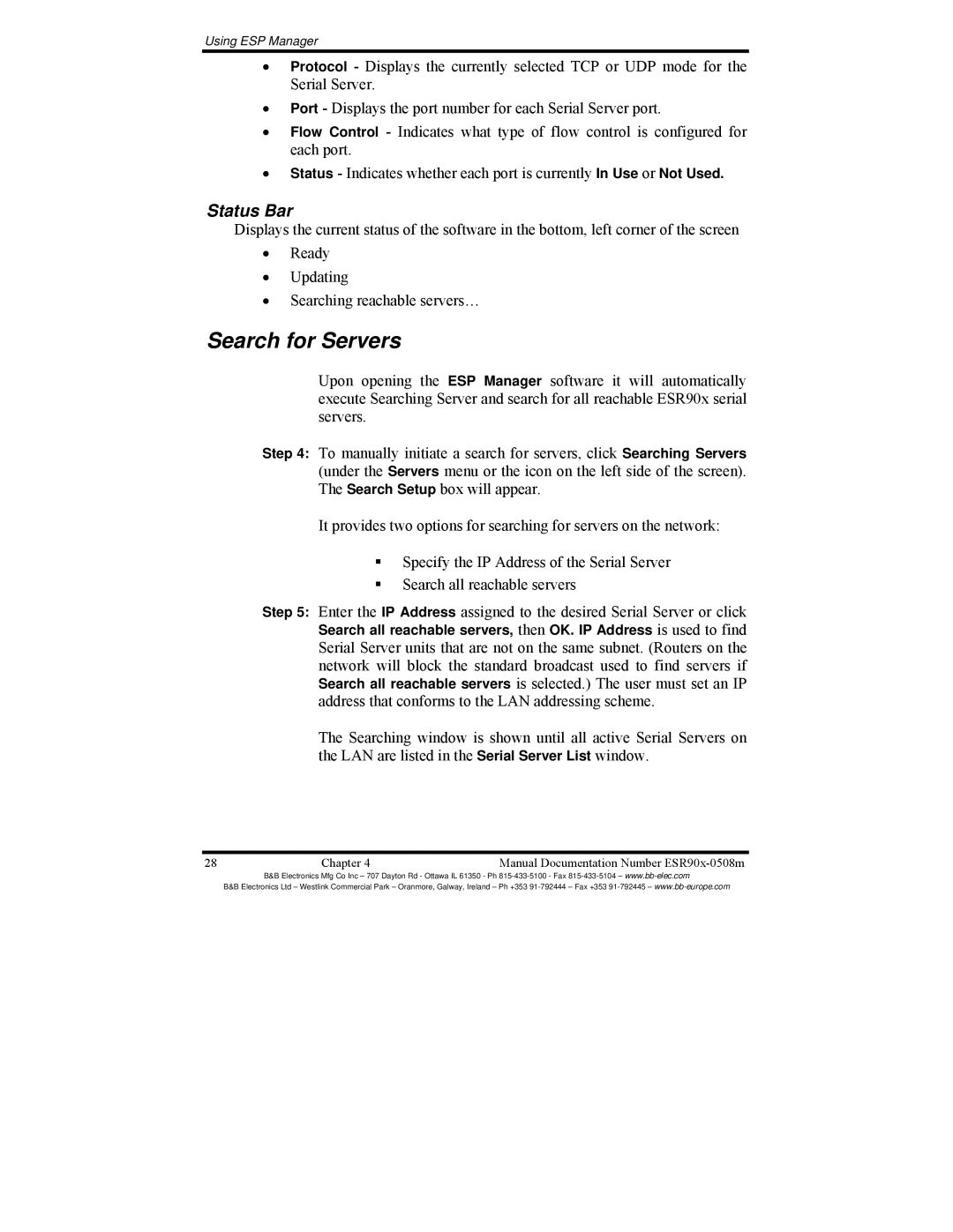 B&B Electronics ESR902, ESR904, ESR901 manual Search for Servers, Status Bar 