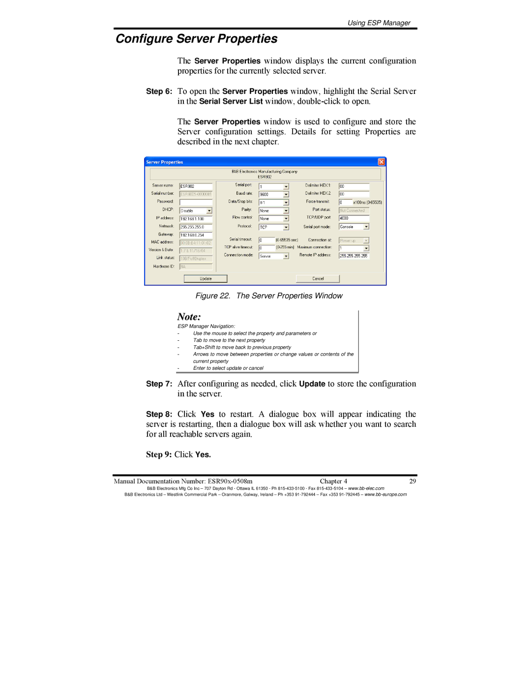 B&B Electronics ESR904, ESR901, ESR902 manual Configure Server Properties, Click Yes 