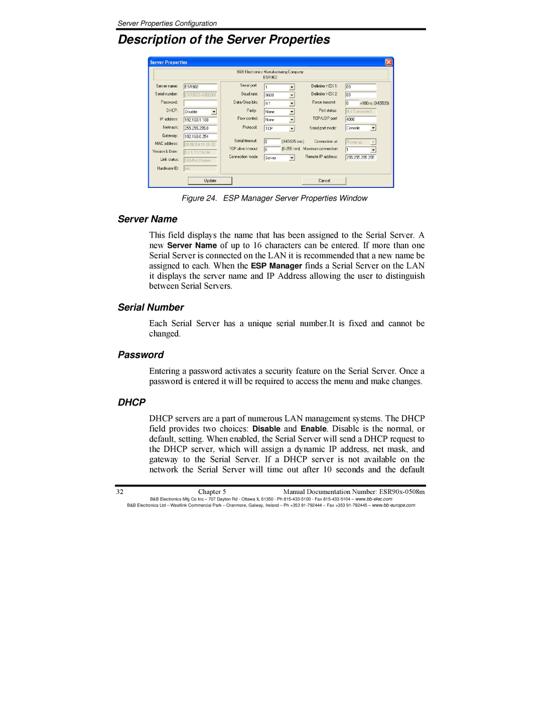 B&B Electronics ESR904, ESR901, ESR902 manual Description of the Server Properties, Server Name, Serial Number, Password 