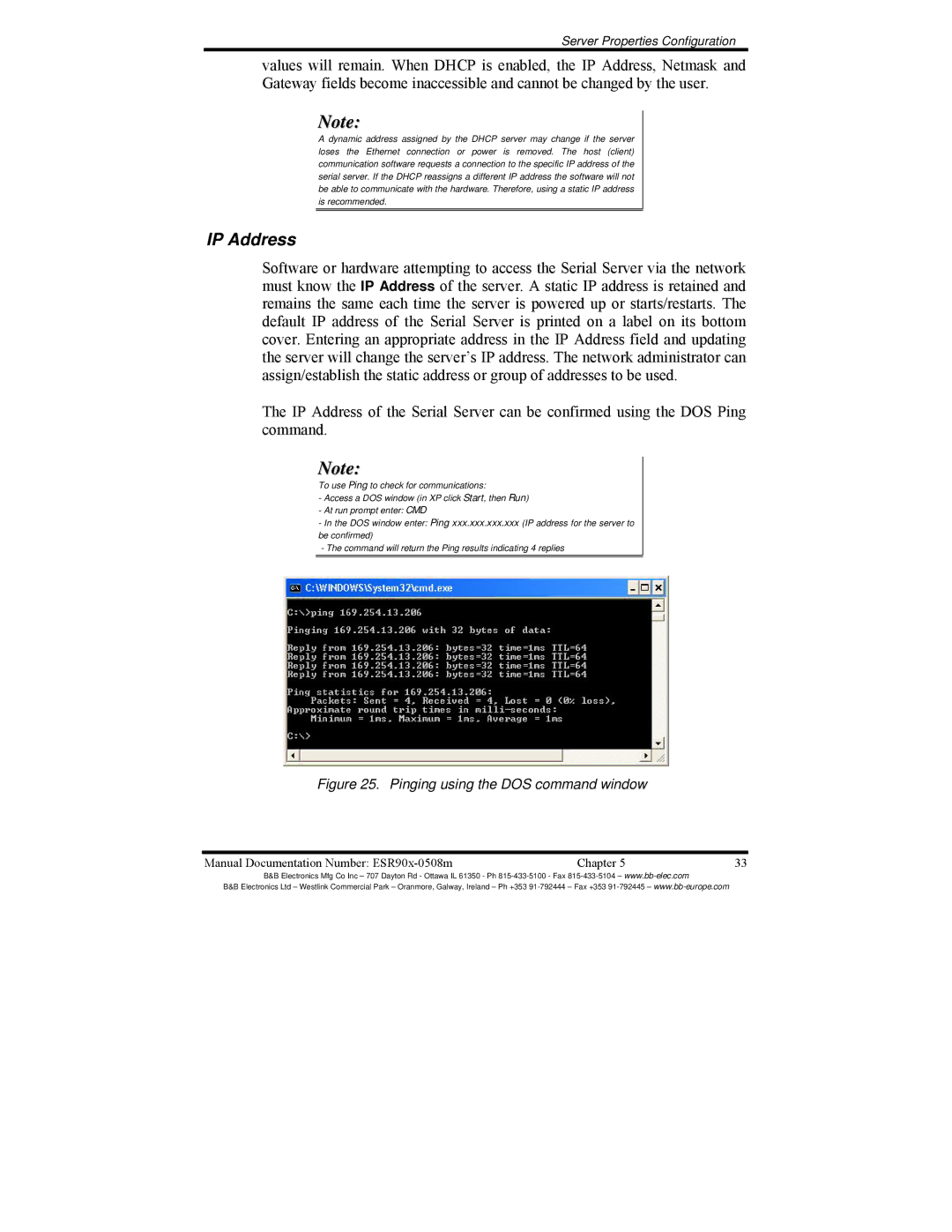 B&B Electronics ESR901, ESR904, ESR902 manual IP Address, Pinging using the DOS command window 