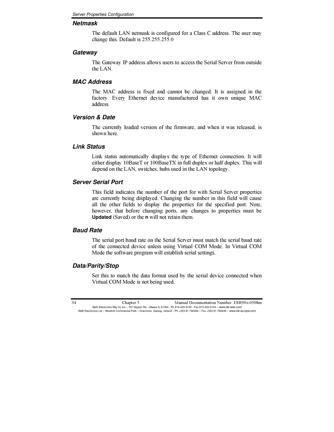 B&B Electronics ESR902, ESR904 Netmask, Gateway, MAC Address, Version & Date, Link Status, Server Serial Port, Baud Rate 