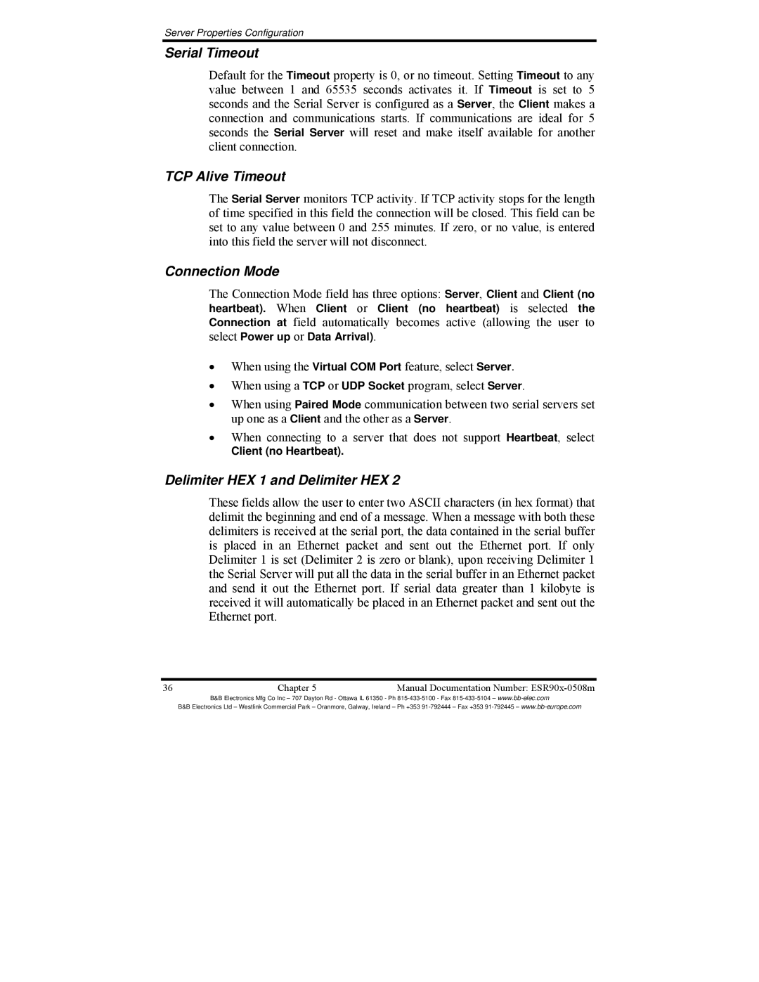 B&B Electronics ESR901, ESR904 manual Serial Timeout, TCP Alive Timeout, Connection Mode, Delimiter HEX 1 and Delimiter HEX 
