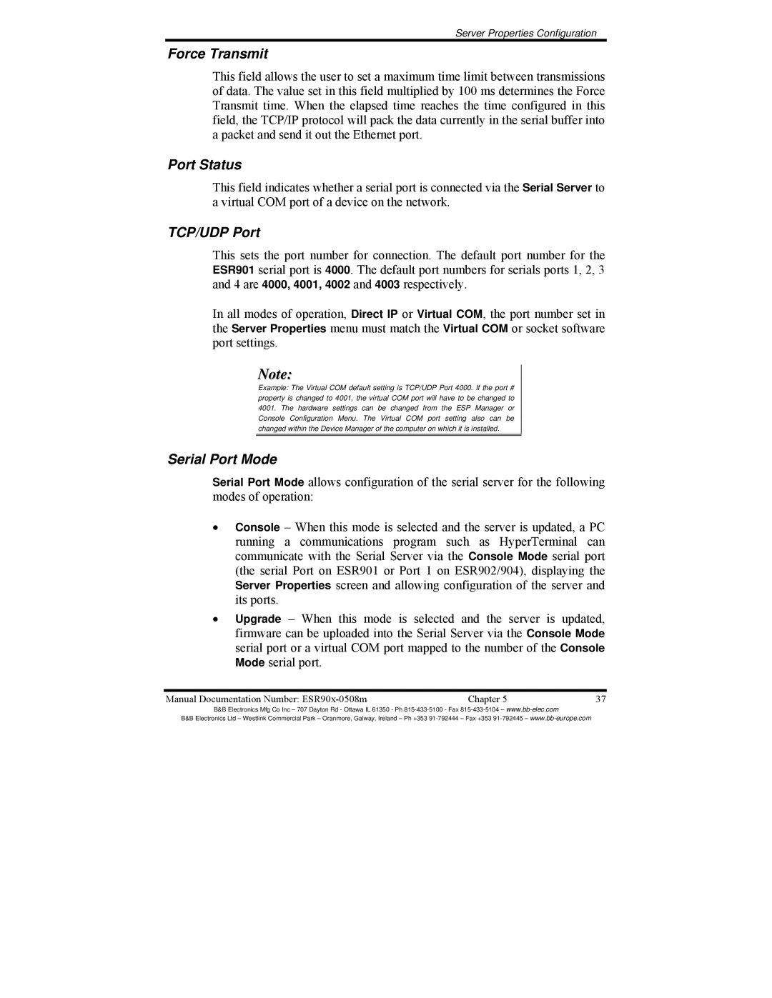 B&B Electronics ESR902, ESR904, ESR901 manual Force Transmit, Port Status, TCP/UDP Port, Serial Port Mode 