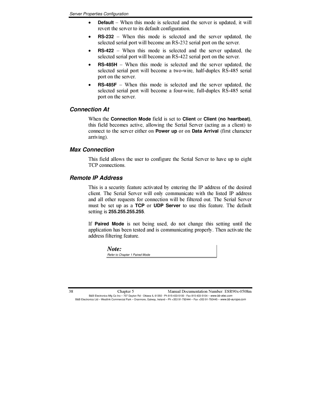 B&B Electronics ESR904, ESR901, ESR902 manual Connection At, Max Connection, Remote IP Address 