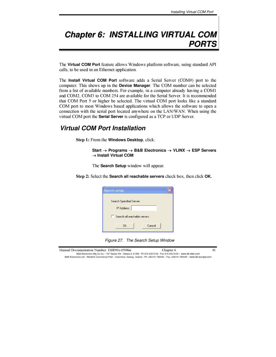 B&B Electronics ESR904, ESR901, ESR902 manual Installing Virtual COM Ports, Virtual COM Port Installation 