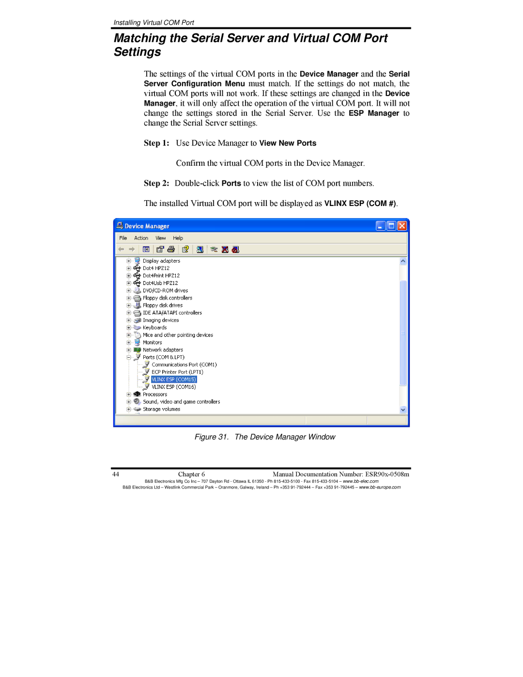 B&B Electronics ESR904, ESR901, ESR902 manual Matching the Serial Server and Virtual COM Port Settings, Device Manager Window 