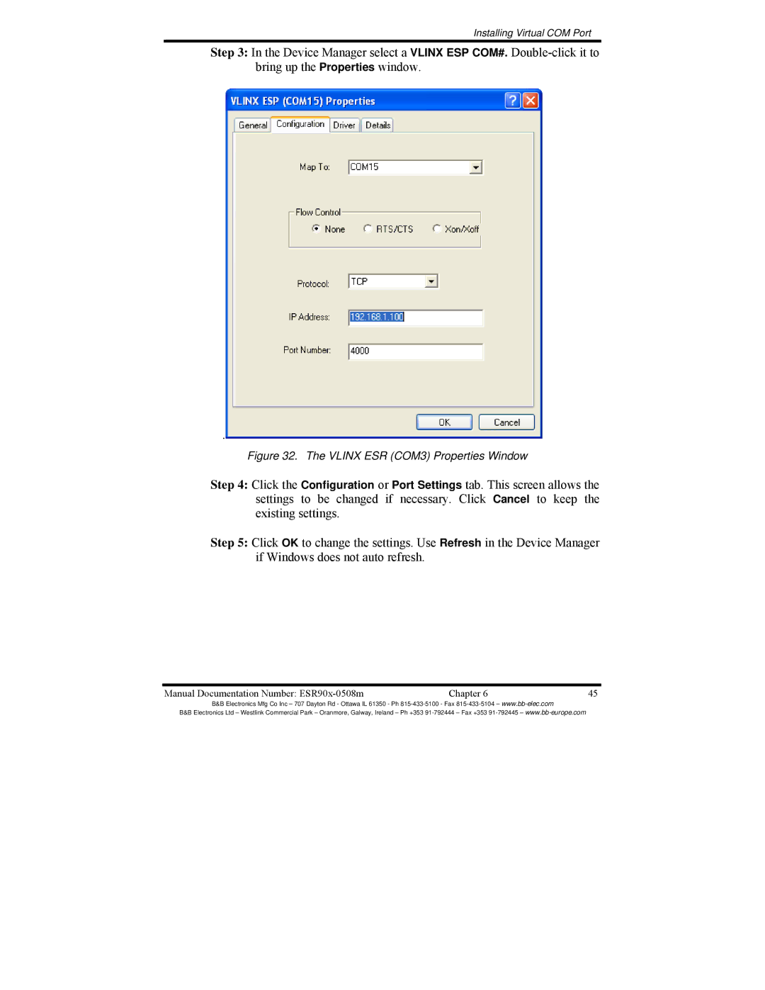 B&B Electronics ESR901, ESR904, ESR902 manual Vlinx ESR COM3 Properties Window 