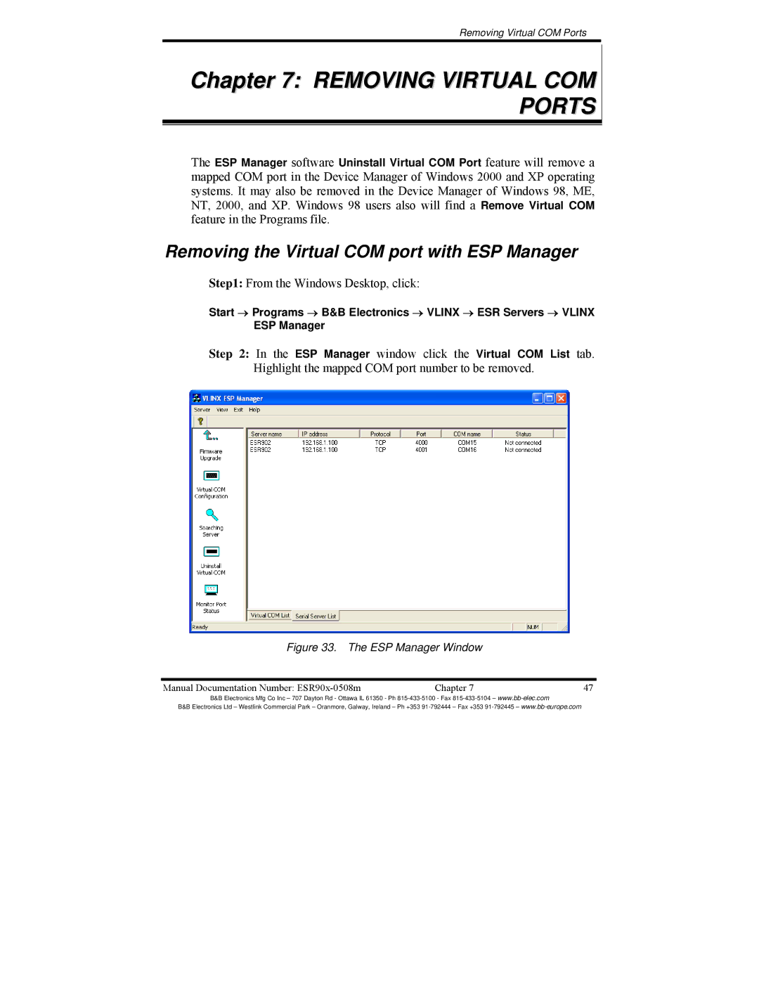 B&B Electronics ESR904, ESR901, ESR902 manual Removing Virtual COM Ports, Removing the Virtual COM port with ESP Manager 