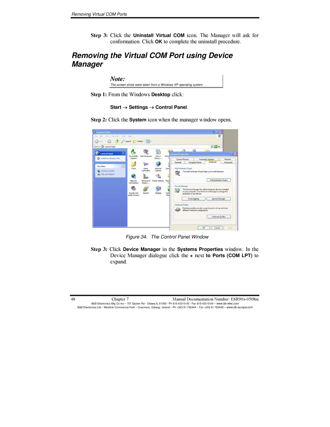 B&B Electronics ESR901, ESR904, ESR902 manual Removing the Virtual COM Port using Device Manager 