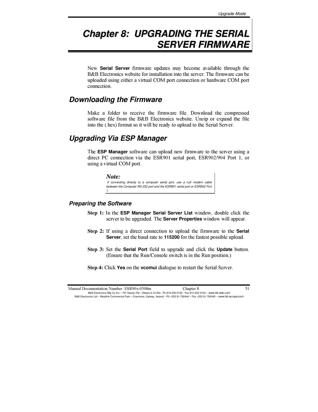 B&B Electronics ESR901, ESR904 Upgrading the Serial Server Firmware, Downloading the Firmware, Upgrading Via ESP Manager 