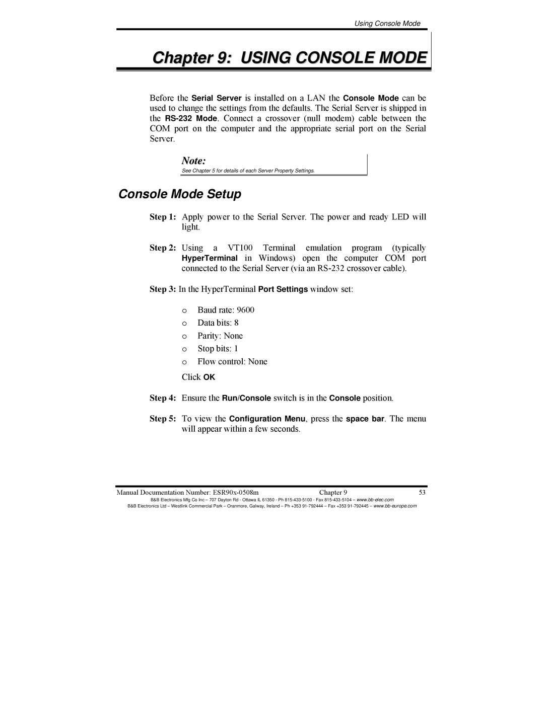 B&B Electronics ESR904, ESR901, ESR902 manual Using Console Mode, Console Mode Setup 