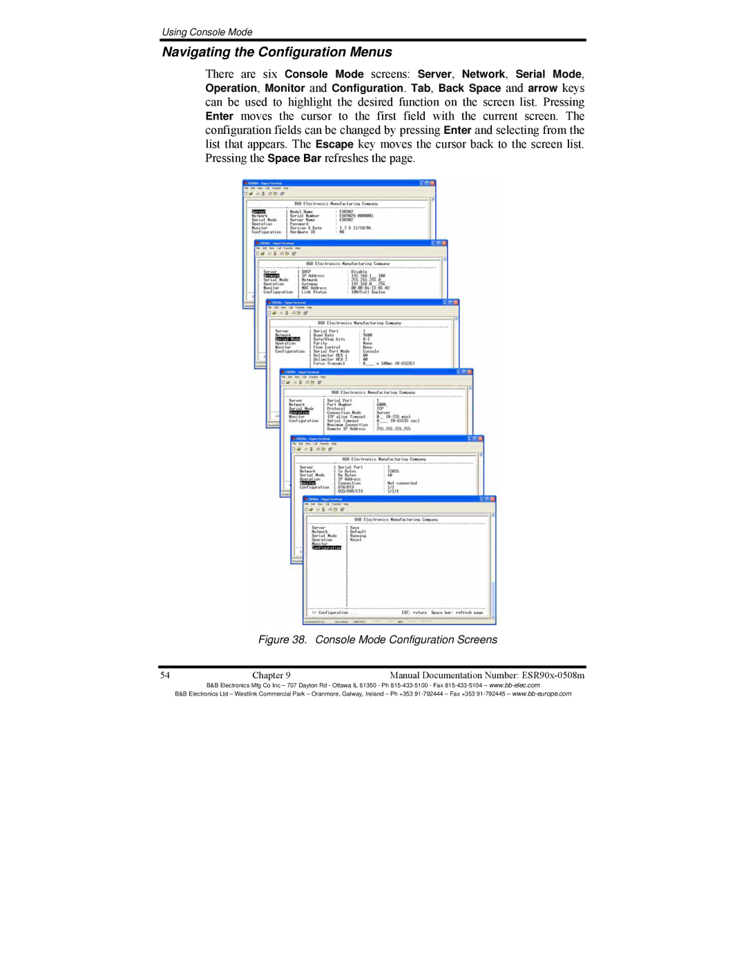 B&B Electronics ESR901, ESR904, ESR902 manual Navigating the Configuration Menus, Console Mode Configuration Screens 