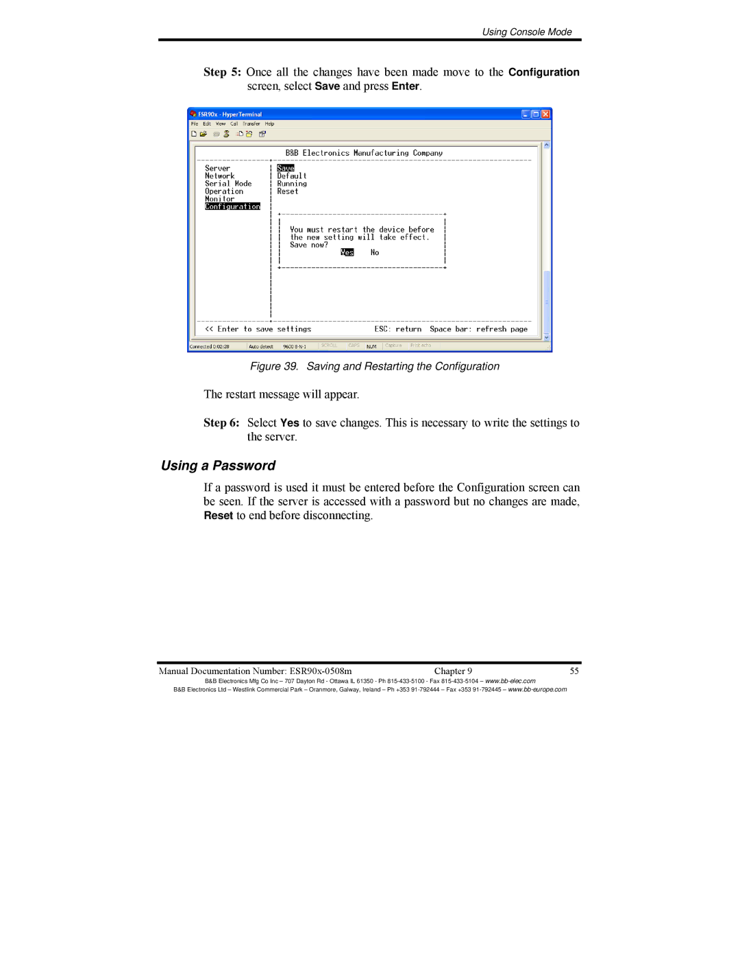 B&B Electronics ESR902, ESR904, ESR901 manual Using a Password, Saving and Restarting the Configuration 