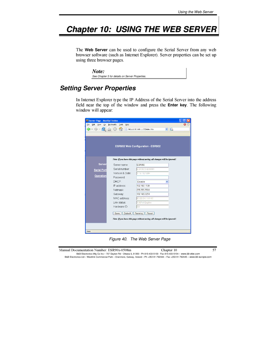 B&B Electronics ESR901, ESR904, ESR902 manual Using the WEB Server, Setting Server Properties 