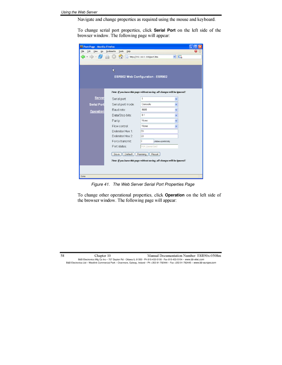 B&B Electronics ESR902, ESR904, ESR901 manual Web Server Serial Port Properties 